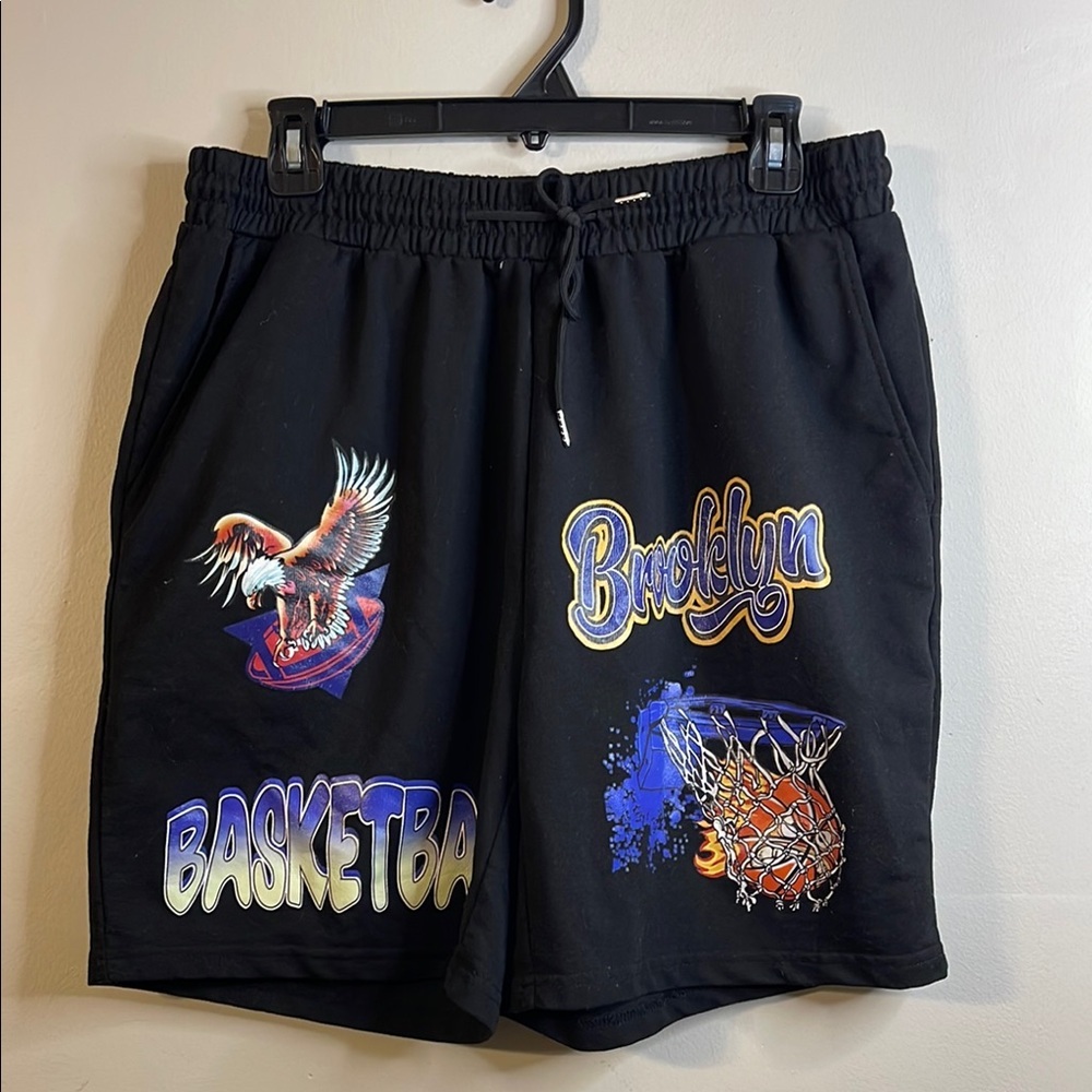 Men’s Black Fashion Shorts with Colorful Basketball Graphics Size XL #118